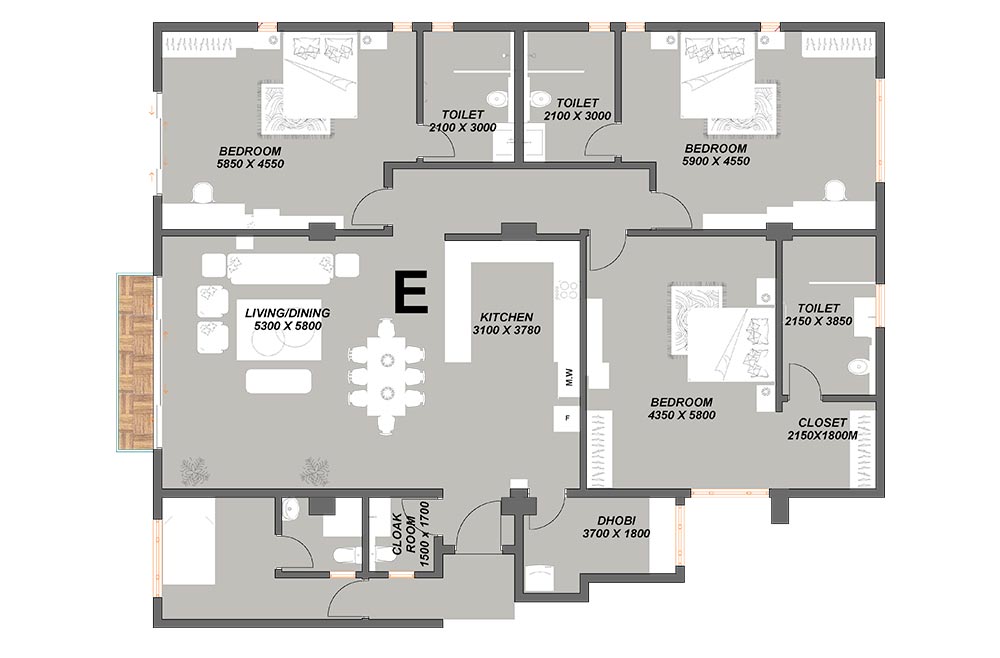 Flat E - 2 Bedroom with DSQ